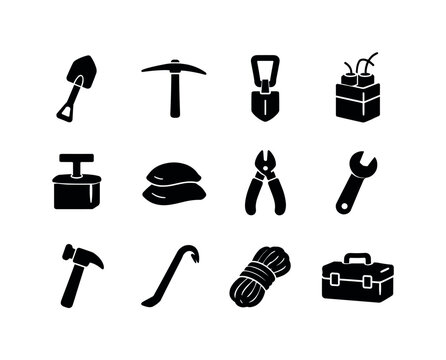 Combat Engineering Tools. Sapper. Solid icon set of combat engineering tools: entrenching shovel, pickaxe, folding spade, demolition charge, detonation