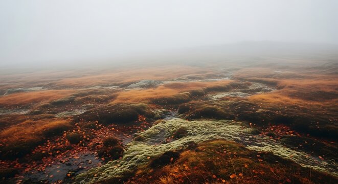 Misty autumn moorland landscape with orange grass and fallen leaves