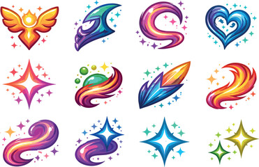 Fototapeta premium Two-Color vector icons of mythical silhouettes: winged body, curved crest, arc curl, contour loop, dotted spark, tiny bead, swirl
