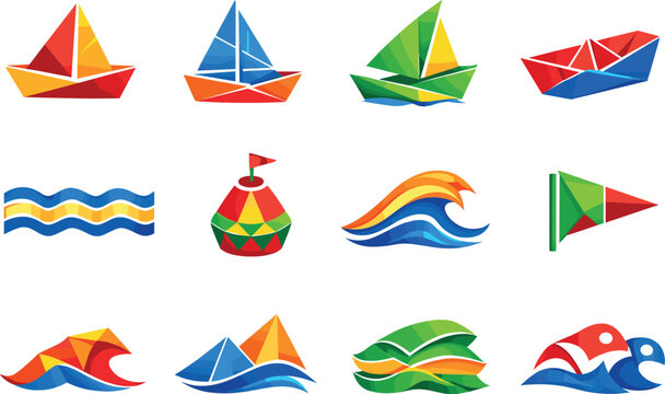 Two-Color vector icons of origami sailing: folded sail skiff, crease-line mast boat, angled-paper keel, sharp-edge dinghy;