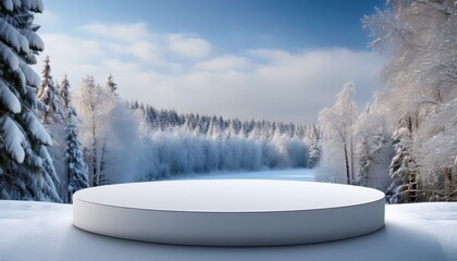 A Snowy Winter Scene With A Simple White Platform As A Focal
