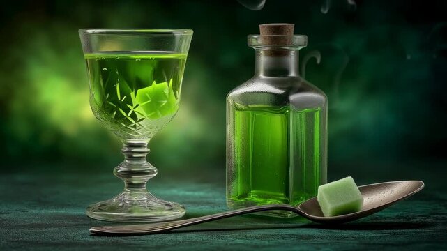 Green absinthe in a crystal glass with bottle and sugar cube on spoon in dark moody background