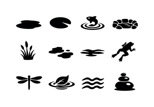Pond Icon Collection. Small Water Pond. Solid icon set of Small Water Pond: small pond shape, lily pad, fish ripple, stone edge, reeds grass, algae patch,