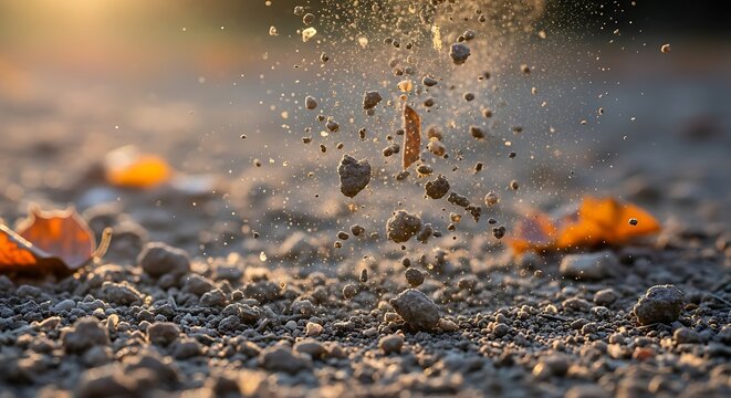 Close-up of dirt clods and leaves exploding in the air with golden hour sunlight