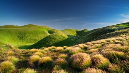 Grassy Landscape With Various Round Tufts Of Bright Green And Golden Grass On An Earthen Hillside