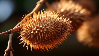 Close Up Macro Shot Of A Spiky Seed Pod On A Branch Highlighting Intricate Details And Natural Textures