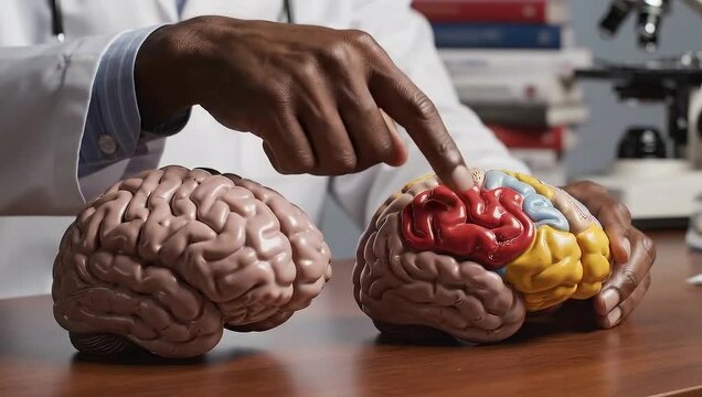 Doctor Demonstrates Brain Anatomy with Anatomical Models.
