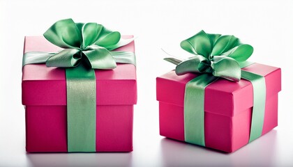 Pink Gift Box With Green Ribbon And Bow Isolated On White Background