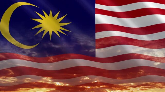 Flag of Malaysia waving against a vibrant sunset, creating a patriotic and inspiring atmosphere with warm tones.