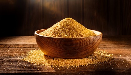 Yellow Grains In A Wooden Bowl Warm Light On Rustic Wood Surface Still Life