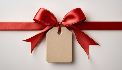 A Blank Beige Gift Tag Tied With A Red Satin Ribbon Bow Isolated On Transparent Background