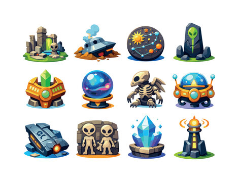 Ancient Alien Icons. Ancient Extraterrestrials. Colorful flat vector icons set of Ancient Extraterrestrials: alien ruins, crashed UFO, ancient star map,