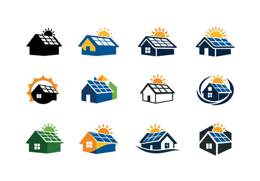 Smart Home Energy Icons. Smart home energy systems. Icon set. Set Logo of smart home energy systems: solar panel on smart house. harmonious logo variations of