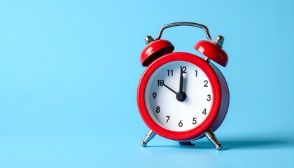 Red alarm clock on a light blue background for time management and concept