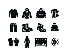 Winter Clothing Icons. Winter Prep Outfit. Solid icon set of Winter Prep Outfit: thermal shirt, hoodie, insulated jacket, scarf, thick pants, winter boots,