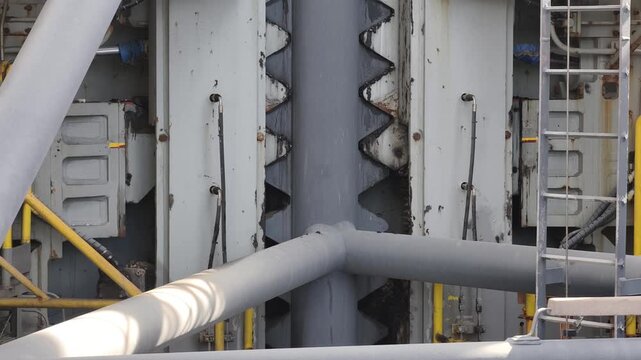 Jack up rig legs, fixation system and jacking motor on a jack up rig.
