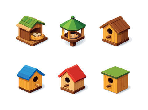 Birdhouse Icon Grid. Wildlife. Isometric flat vector icons set of wildlife: bird nesting house, outdoor bird shelter, wooden bird cabin, compact birdhouse,