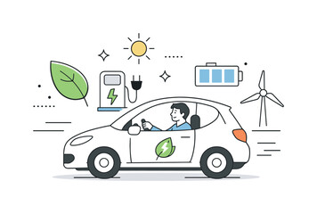 Naklejka premium Eco-friendly Vehicle Scene. Sustainable transportation. Driver using an electric vehicle for daily travel, eco-friendly choice and quiet efficiency. Abstract