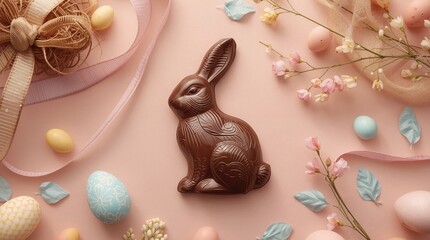 A chocolate bunny rests among pastel eggs and spring flowers on pink. Ribbons blue leaves and soft pink flowers adorn the festive Easter arrangement with elegance.