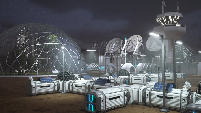 Interconnected residential pods in settlement for astronauts to sleep at night in Futuristic prefabricated housing units sheltering deep space explorers living in dangerous dark biome