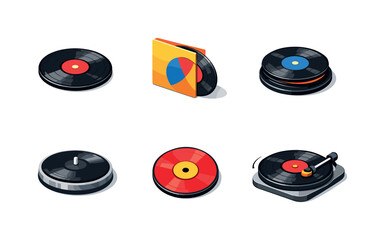 Vinyl Icons Grid. Vinyl records. Isometric flat vector icons set of Vinyl records: classic vinyl disc, record sleeve, vinyl stack, turntable platter, record