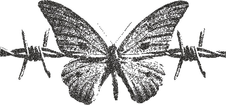 Butterfly retro y2k stipple design insect halftone brutalist urban vector png with clear background, wings 2000s photocopy grunge tattoo gen z effect