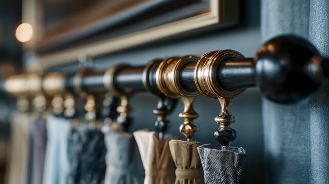 Installation of custom drapery hardware featuring decorative finials on a unique wall mount sharp focus on mounting tools and blurred room backdrop.