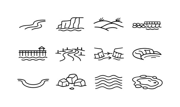 Beach Geography Icons. Riptides. Line icon set of beach geography: shoreline curve, coastal cliff, dune line, jetty outline, pier structure, beach path, inlet