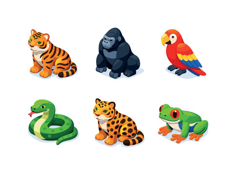 Jungle Animal Grid. Jungle Animals. Isometric flat vector icons set of jungle animals: tiger, gorilla, parrot, snake, jaguar, tree frog. Arrange all isometric