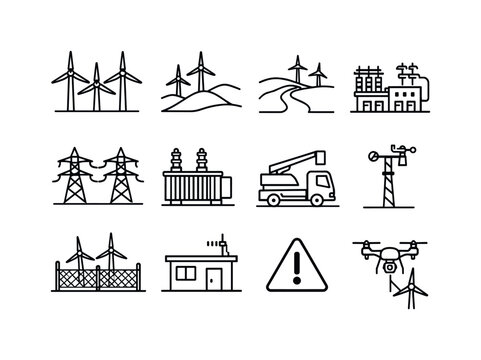 Wind Farm Icons. Wind Farm. Line icon set of Wind Farm: multiple wind turbines, landscape hills, access road, substation, power cables, transformer,