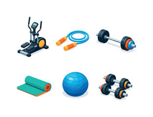 Isometric Gym Icons Grid. Gym setup. Isometric flat vector icons set of gym setup: elliptical trainer, jump rope, barbell with plates, gym mat, balance ball,