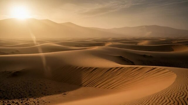 Stunning Desert Landscape at Sunset with Rolling Sand Dunes and Golden Light