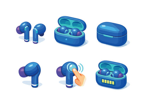 Isometric Earbuds Icons. Wireless earbuds. Isometric flat vector icons set of wireless earbuds: true wireless earbuds pair, earbuds charging case open, earbuds