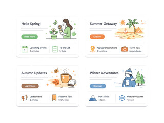 Seasonal UI Cards. Seasonal UI/UX cards. A cohesive UI card system adaptable to all seasons, combining content blocks, icons, and tags with generous white
