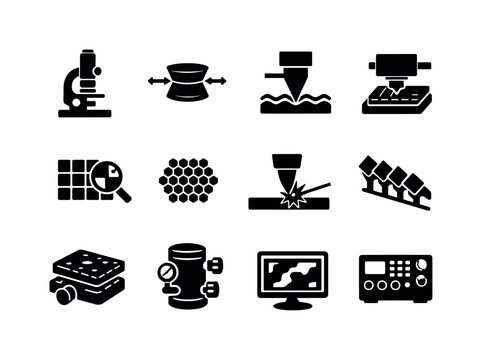 Microscopy Icons Grid. Advanced microscopy types. Solid icon set of Advanced microscopy types: electron microscope, confocal lens icon, atomic force tip,