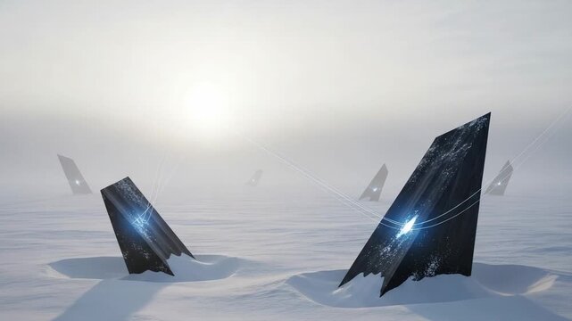 Enigmatic alien structures emerging from a frozen tundra, radiating bright blue light into the misty atmosphere of a desolate planet.