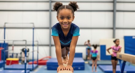 Naklejka premium young girl balancing on gymnastics beam in indoor training facility with a joyful expression