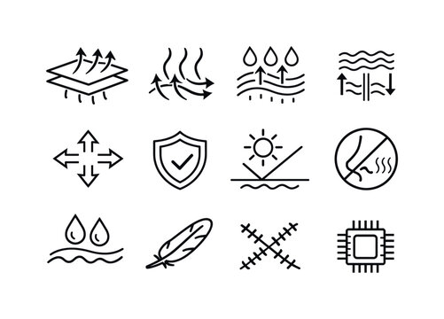 Sportswear Technology Icons. Sportswear Technology. Line icon set of Sportswear Technology: fabric layers diagram, airflow arrows, sweat evaporation, thermal