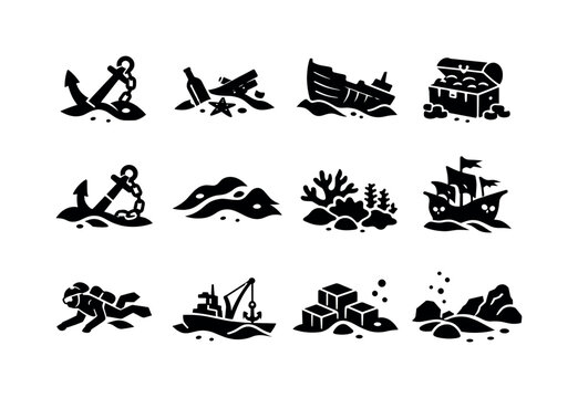 Underwater Shipwreck Icons. Anchor in sand shipwreck. Solid icon set of Anchor in sand shipwreck: broken anchor, sea debris, old ship hull,