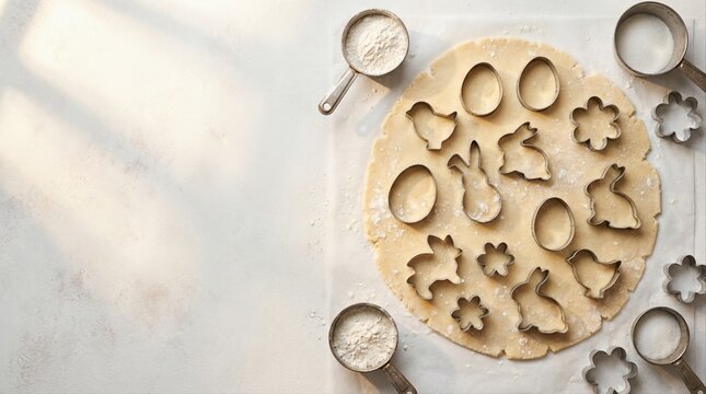 preparing easter cookies with dough and festive cookie cutters in bright kitchen setting