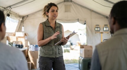 woman leading discussion in humanitarian aid relief tent surrounded by supplies