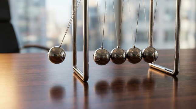 newton's cradle swinging in a modern office setting with sunlight reflecting on metal balls