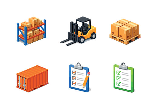 Logistics Icon Set. Logistics. Isometric flat vector icons set of logistics: warehouse shelving unit, forklift vehicle, cargo pallet load, shipping container,