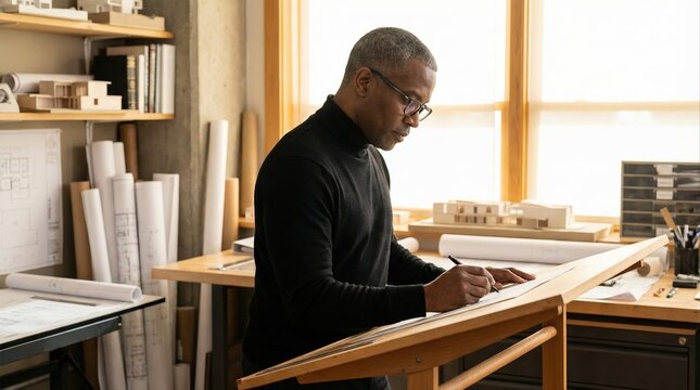 focused architect sketching building design at drafting table in well-lit urban office