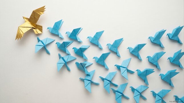 golden origami bird leading flock of blue birds in flight showing leadership and creativity