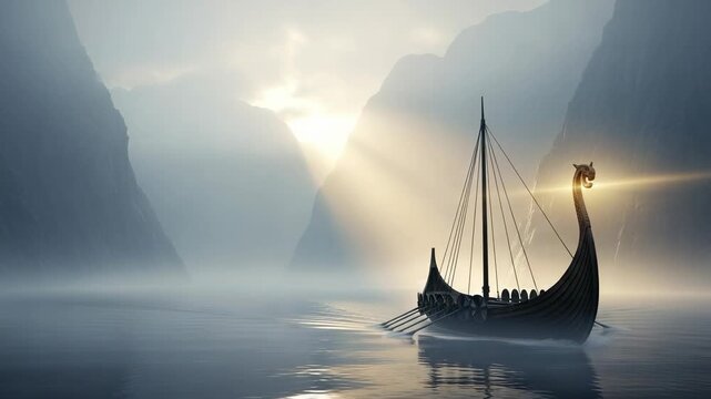 Viking longship sailing through a misty fjord at sunrise, with dramatic sun rays illuminating the scene and a dragon head prow