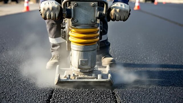 Construction worker using a tamping rammer to compact fresh hot asphalt on a road paving site, close-up of manual soil compactor machine in action with steam