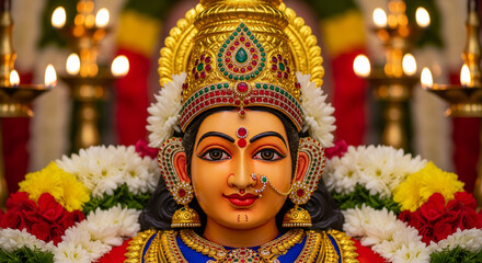 Hindu goddess idol decorated with flowers and oil lamps during festival celebration