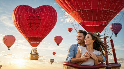 Obraz premium Happy couple embracing in a hot air balloon basket during sunset