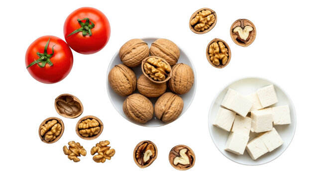 Healthy food ingredients including walnuts tomatoes and tofu